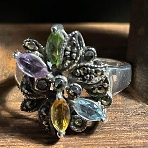Vintage Blue Topaz Citrine Peridot Amethyst marcasite 925 Ring  size7 wt4.8Gms